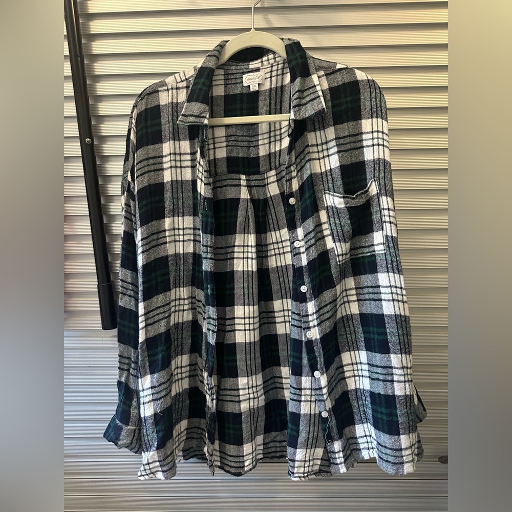 Mud Pie Black, Navy, White and Green Plaid Shirt